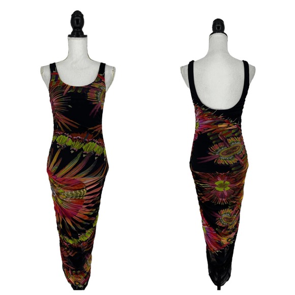 Jean Paul Gaultier Dresses & Skirts - Jean Paul Gaultier Feather Print Ruched Tulle Tank Dress